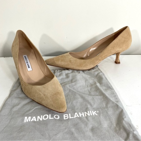 Manolo Blahnik Srila Suede Low-Heel Pump Nude Beige Tan Kitten Heel 40 - Picture 1 of 8